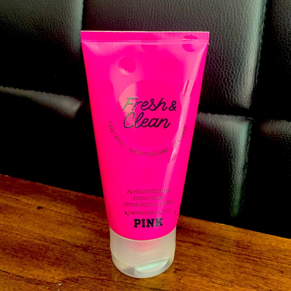 There’s a lotion is scented fresh and clean from pink  mini size and brand new